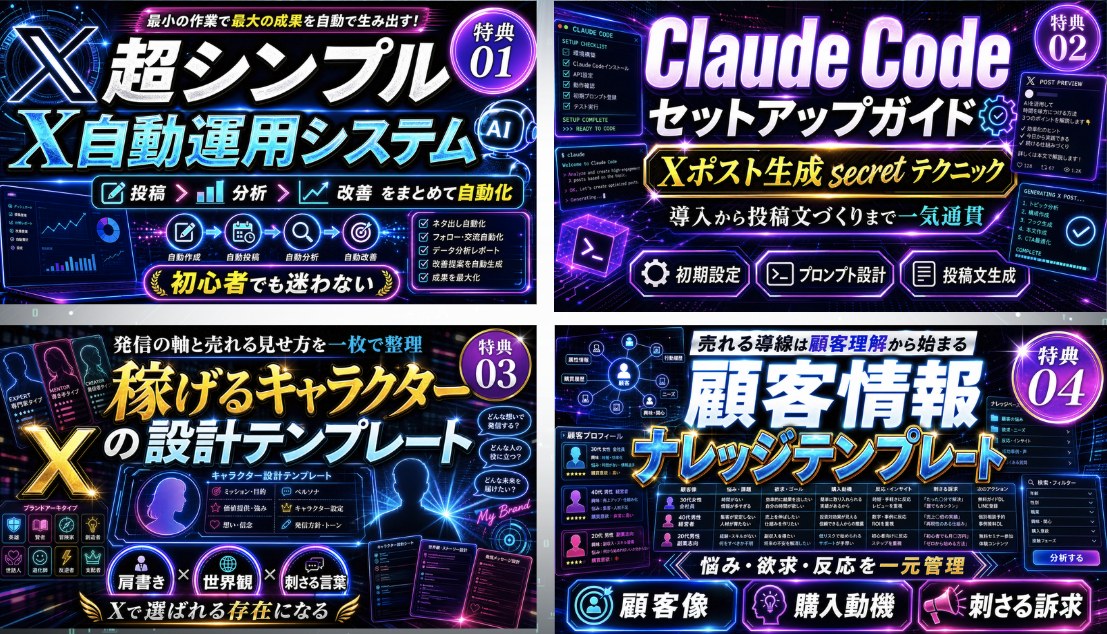 特典4 超シンプルX自動運用システム／Claude Codeセットアップガイド／稼げるキャラクターの設計テンプレート／顧客情報ナレッジテンプレート